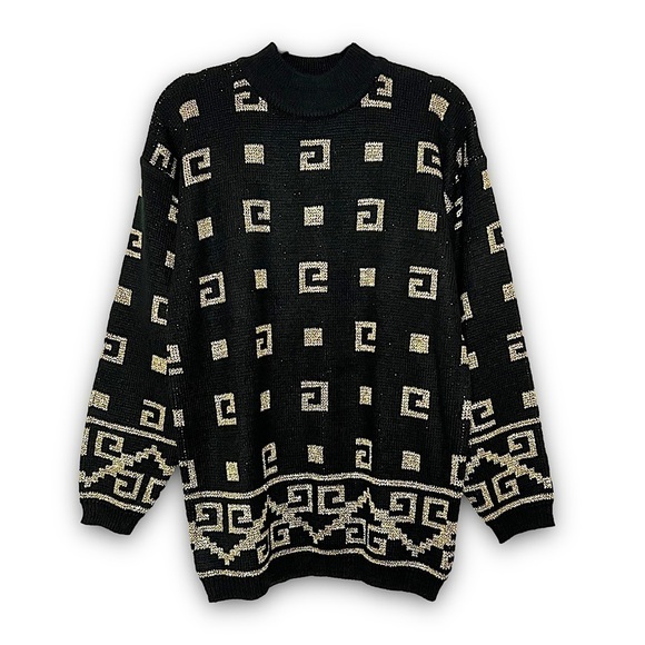 VINTAGE 80s Art Deco Gold Geometric Knit Sweater Mockneck Oversized Pullover M - Picture 1 of 5